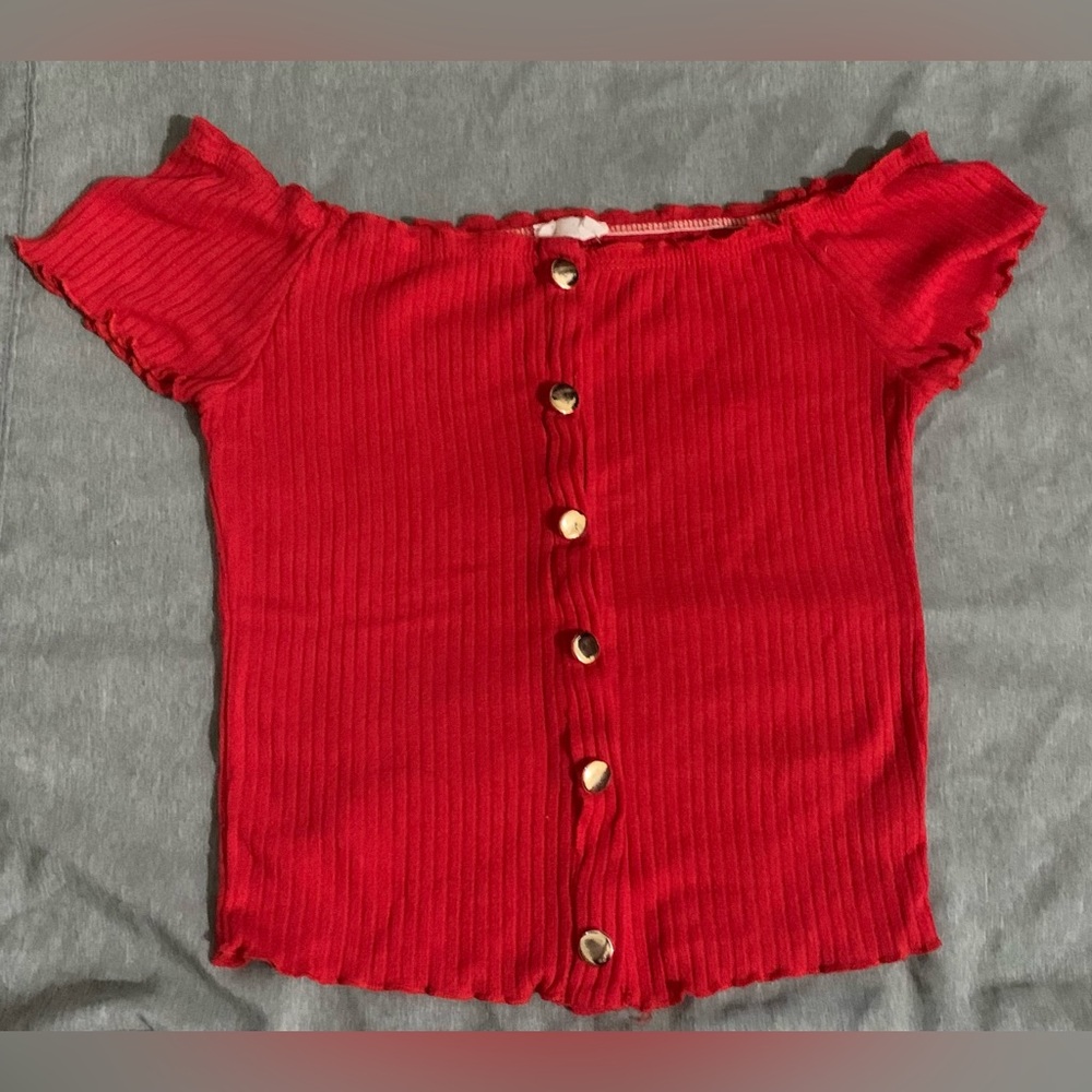 Small red Trendy JS over the should girls blouse!